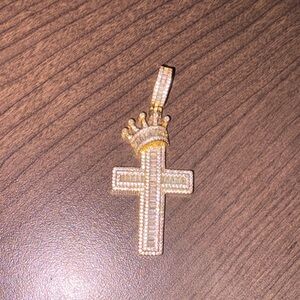 Gold toned  Cross Pendant with Crown and stones
